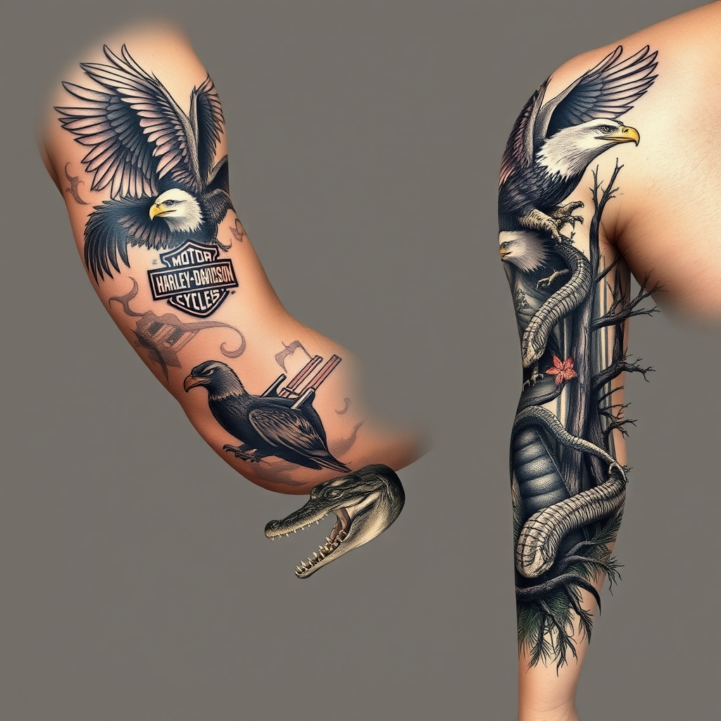 A tattoo design of Right arm full sleeve with the upper containing Harley Davidson theme with eagles mixed with the lower of Florida cypress swamp theme with alligator in the style of realistic. - motorcycle wildlife tattoo design generated by AI tattoo generator
