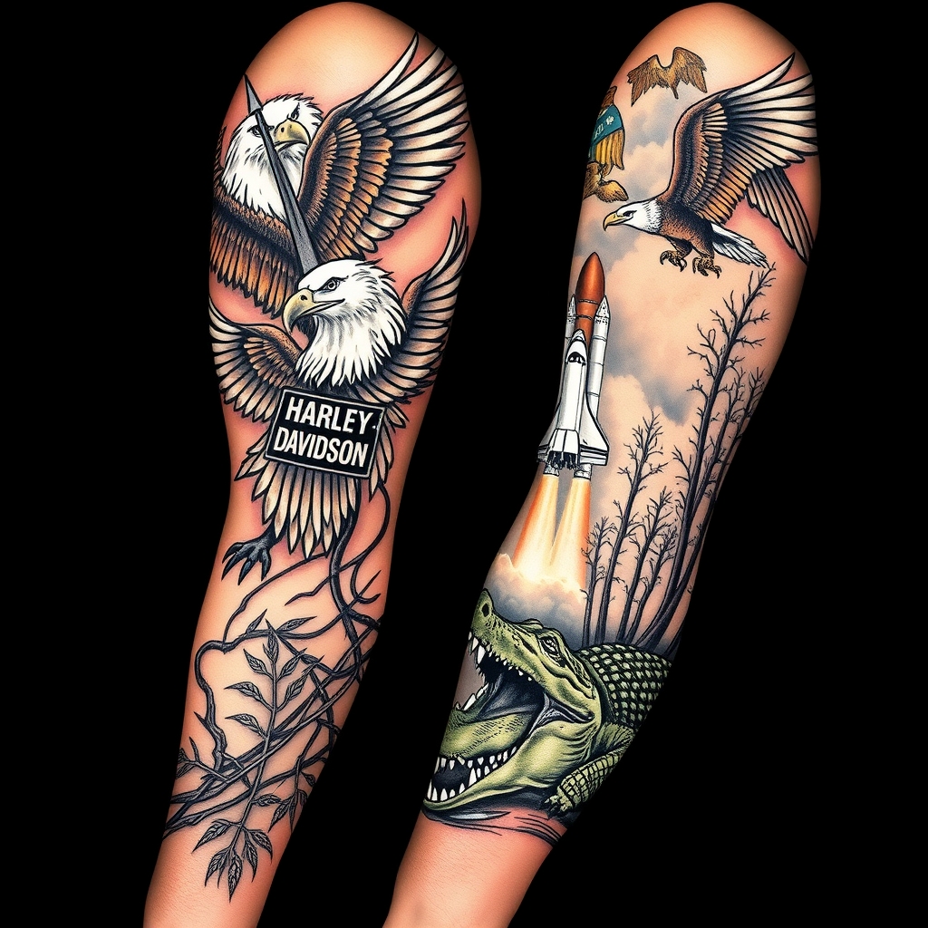 A tattoo design of Right arm full sleeve with the upper containing Harley Davidson theme with eagles mixed with the lower of Florida cypress swamp theme with alligator and space shuttle launch in the background  in the style of realistic. - motorcycle culture tattoo design generated by AI tattoo generator