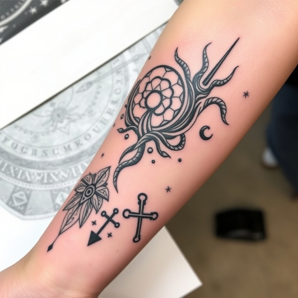 A tattoo design of feminine, viking cat, wyrd, yggdrasil, vegvisin, valknut, troll cross and hug in and munin. Starting at my elbow curving down my forearm onto my fingers in the style of abstract. - norse mythology tattoo design generated by AI tattoo generator