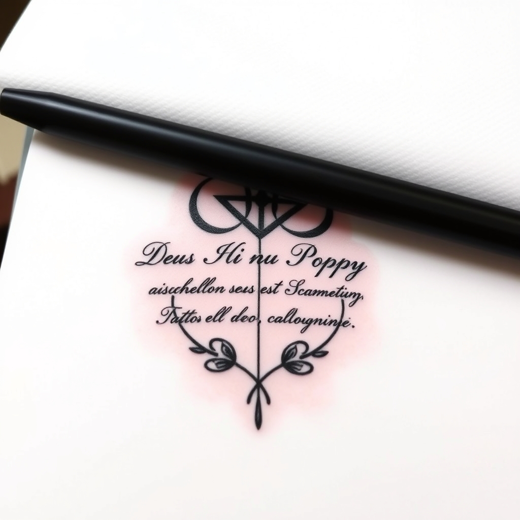 A tattoo design of Create me a tattoo design for my daughter. Include the following information;  XV: XI: MMXXI Isabella Poppy  deus meus est sacramentum, dedita deo  in the style of minimalist. - daughter memorial tattoo design generated by AI tattoo generator