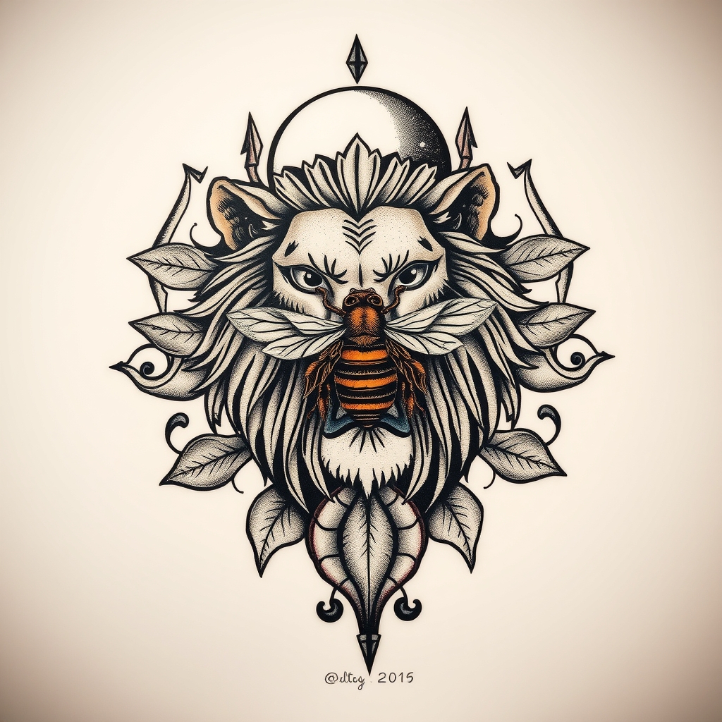 A tattoo design of Lion, bee, moon, lotus in the style of realistic. - animals and nature symbols tattoo design generated by AI tattoo generator