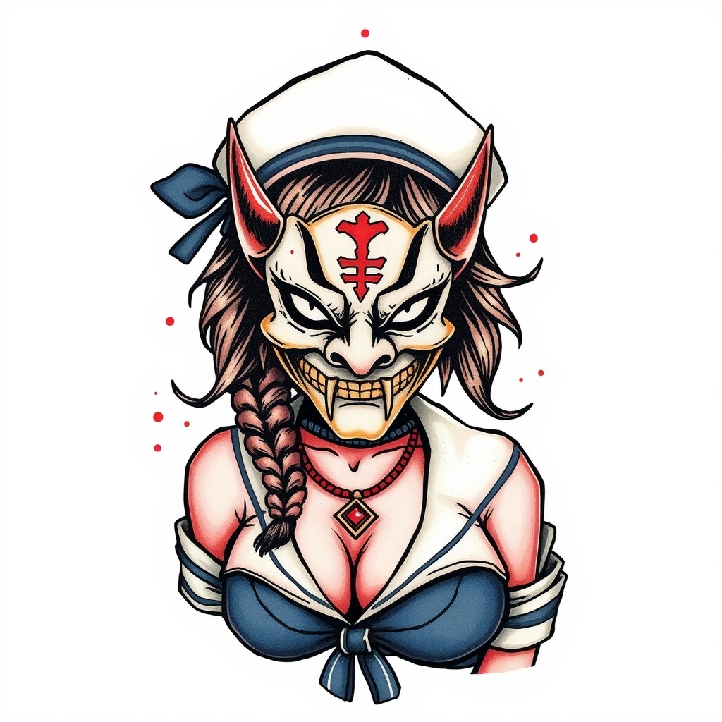 A tattoo design of Oni mask on a busty sailor Jerry girl in the style of abstract. - sailor jerry style tattoo design generated by AI tattoo generator