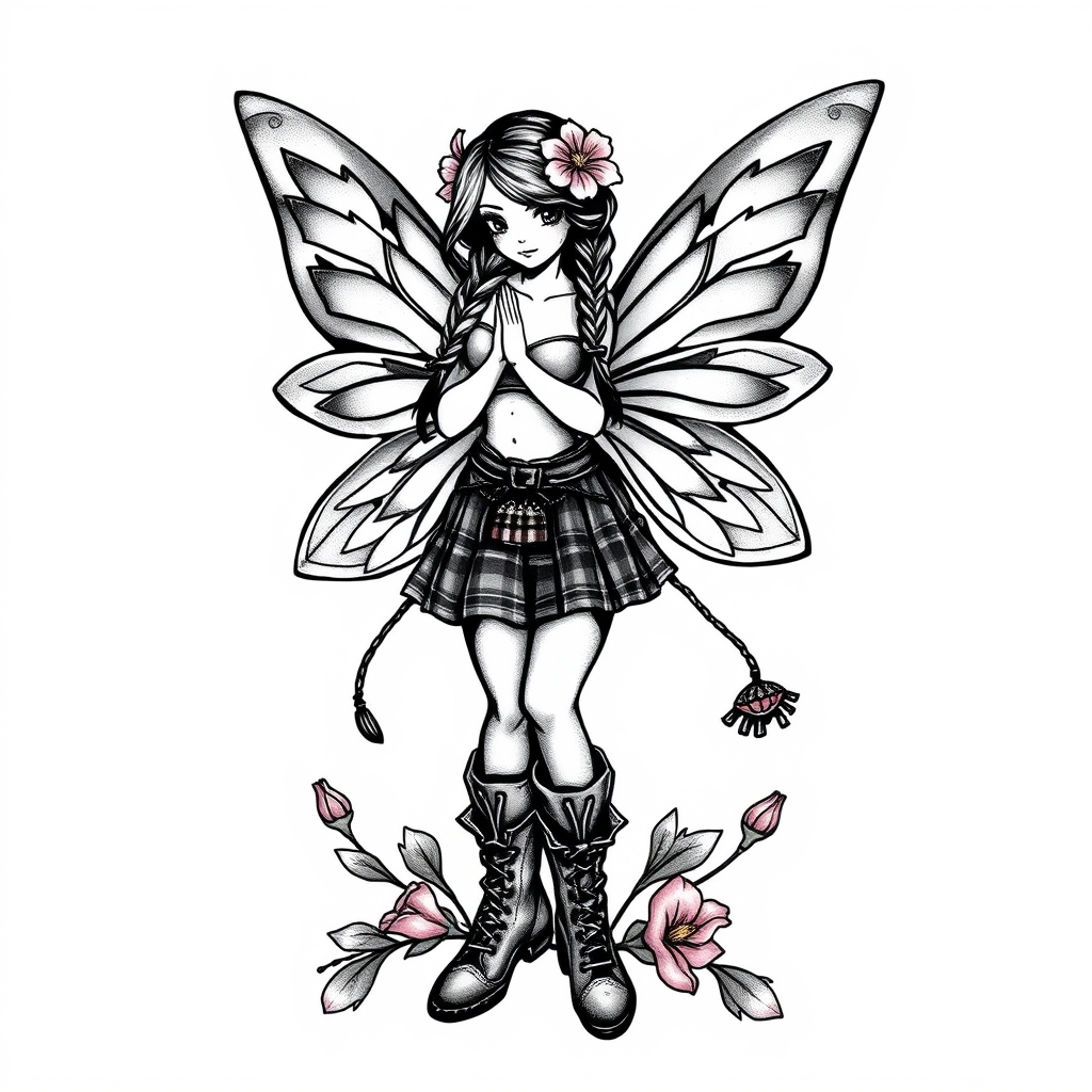 A tattoo design of Scottish flower fairy, wearing kilt and dm boots hair in braids saltire in background in the style of traditional. - mythical creature tattoo design generated by AI tattoo generator