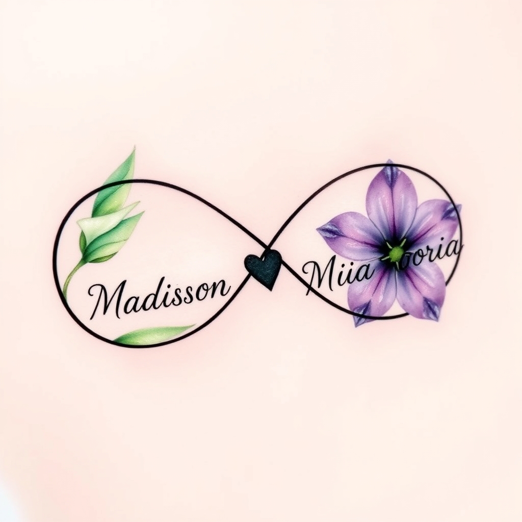 A tattoo design of Illustration-ready Tattoo Description (for artist use): Design Concept: An elegant infinity symbol formed with soft black linework.  Left Loop: A gladiolus flower, detailed in soft watercolor green tones (Peridot-inspired), curling gracefully around the left curve. Along the inner edge of the loop, the name “Ava Madison” is written in a flowing, cursive font.  Right Loop: A violet flower in watercolor amethyst purples, gently entwined into the right curve. The name “Mia Victoria” is scripted in matching cursive along the loop.  Center Intersection: A small, shaded black heart where the loops cross.  Style: Watercolor technique for color accents, delicate black outlines for structure, and elegant name integration. in the style of watercolor. - infinity symbol with flowers and names tattoo design generated by AI tattoo generator