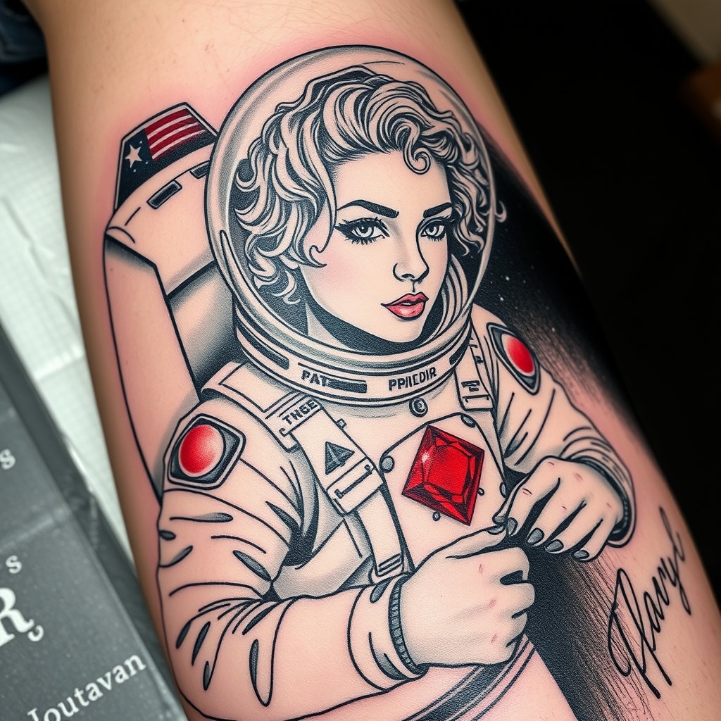 A tattoo design of Photorealistic black and grey space themed tattoo of light curly-haired strong female traveling through space. A bright red ruby, being the only color in yhe tattoo, shines red on her space suit. Include a Houston, Texas reference if possible.  in the style of realistic. - space travel tattoo design generated by AI tattoo generator