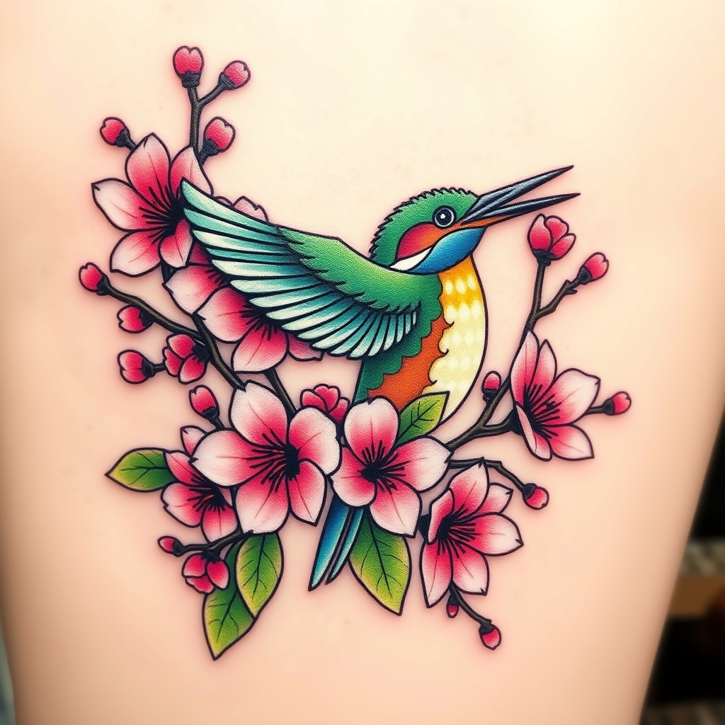 A tattoo design of Bunches of pink cherry blossoms with green and blue kingfisher in flight in the style of geometric. - nature tattoo design generated by AI tattoo generator