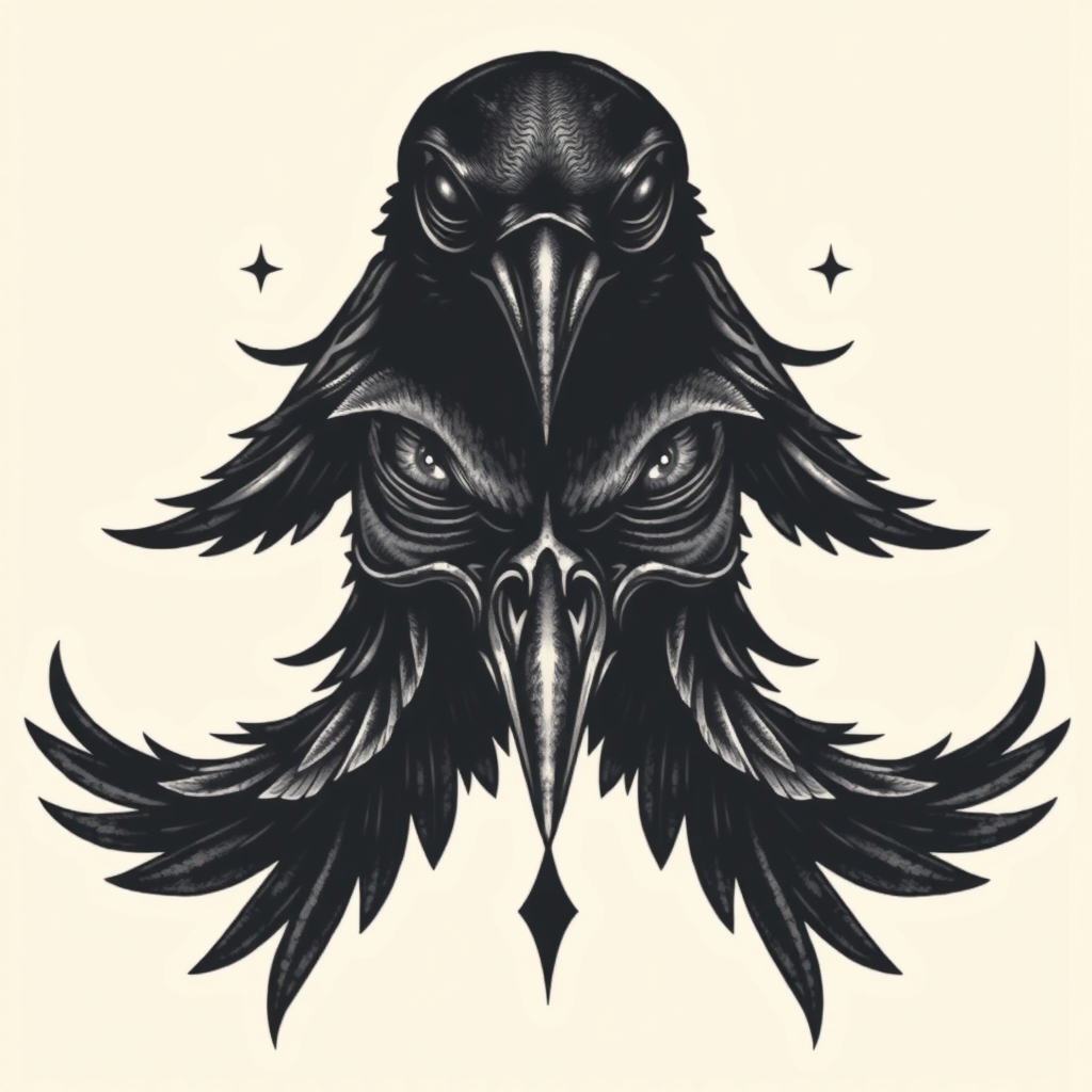 A tattoo design of Eyes and black raven in the style of surrealistic. - birds tattoo design generated by AI tattoo generator