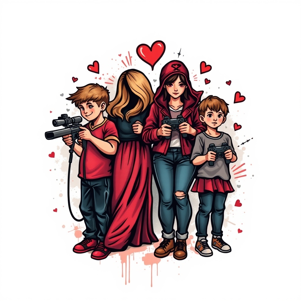 A tattoo design of Video games love family 1 wife 2 boys 1 girl  graffiti  in the style of realistic. - family tattoo design generated by AI tattoo generator