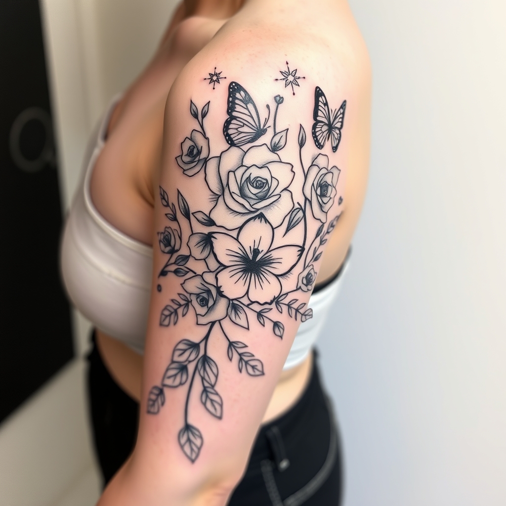 A tattoo design of A nice full half sleeve tattoo on the upper arm with a lot of rose's, butterfly's and minimalist vine leafs. All in black with fine line in the style of minimalist. - floral nature tattoo design generated by AI tattoo generator