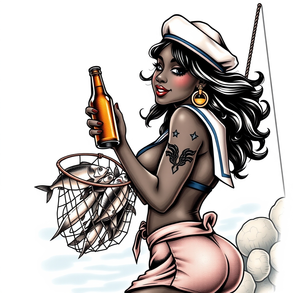 A tattoo design of A dark black woman winking with a large bum in a sailor outfit with a beer bottle hauling a net full of fish sailor jerry style in the style of traditional. - pin up girl sailor tattoo design generated by AI tattoo generator