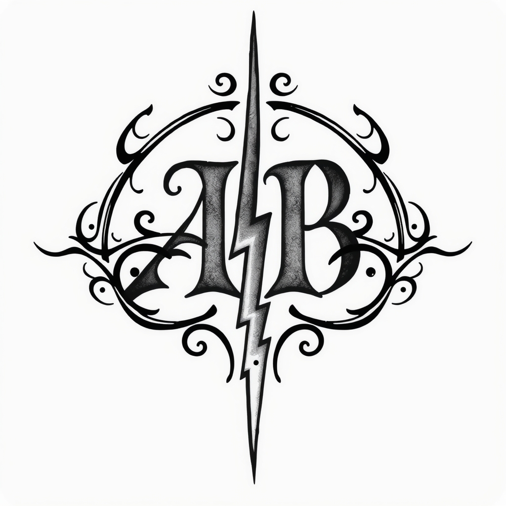 A tattoo design of Initials AB, year 74, lightning bolt in the style of tribal. - symbolic tattoo design generated by AI tattoo generator