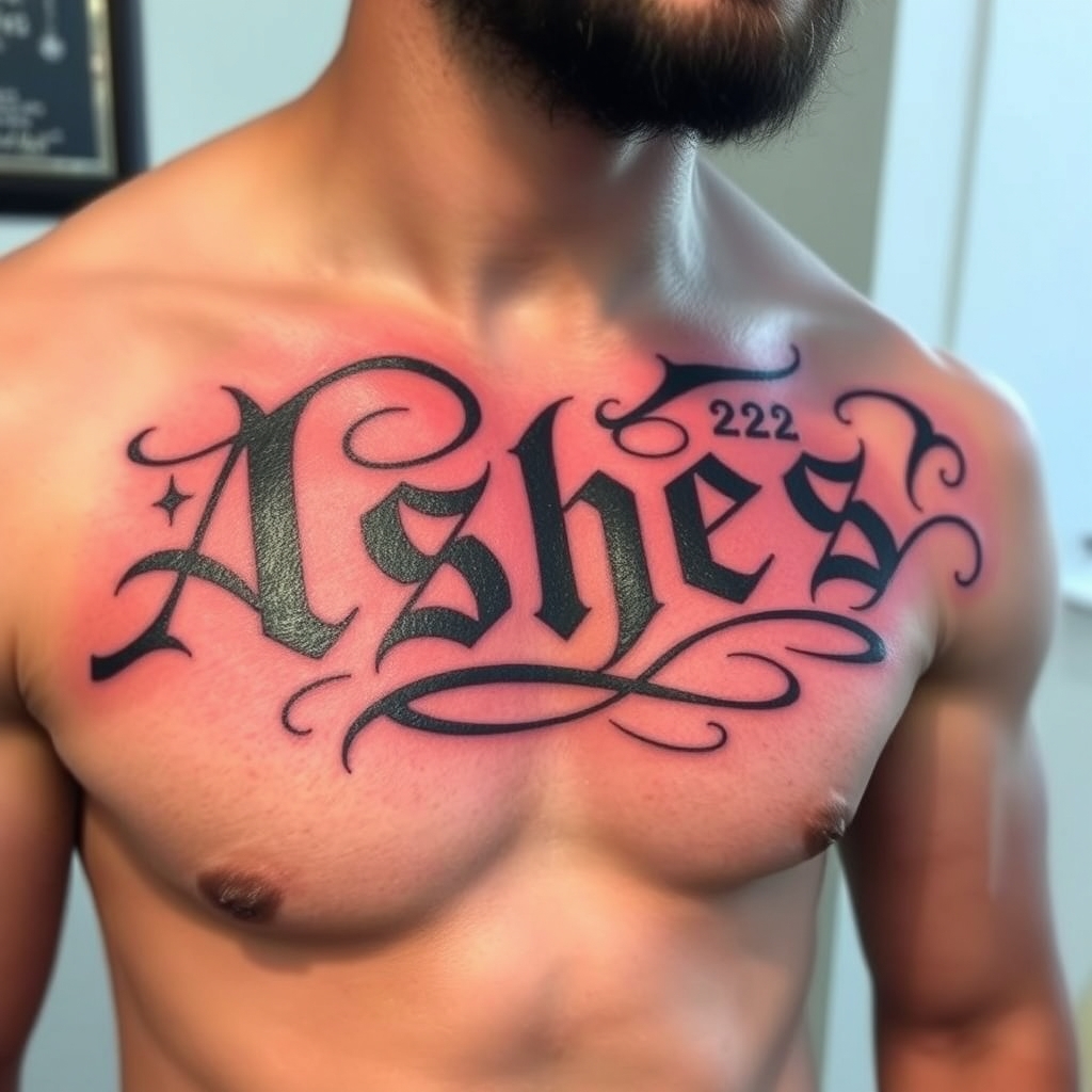 A tattoo design of Words "Ashes 222 Ashes" on left pectoralis in the style of tribal. - text tattoo design generated by AI tattoo generator