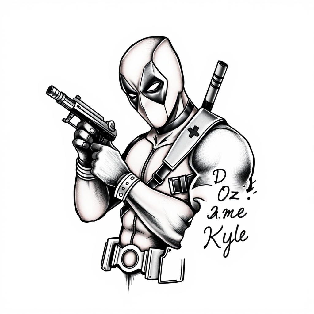 A tattoo design of Deadpool holding a tattooing gun with the names D, Oz and Kyle on a list beside him  in the style of blackwork. - superhero pop culture tattoo design generated by AI tattoo generator