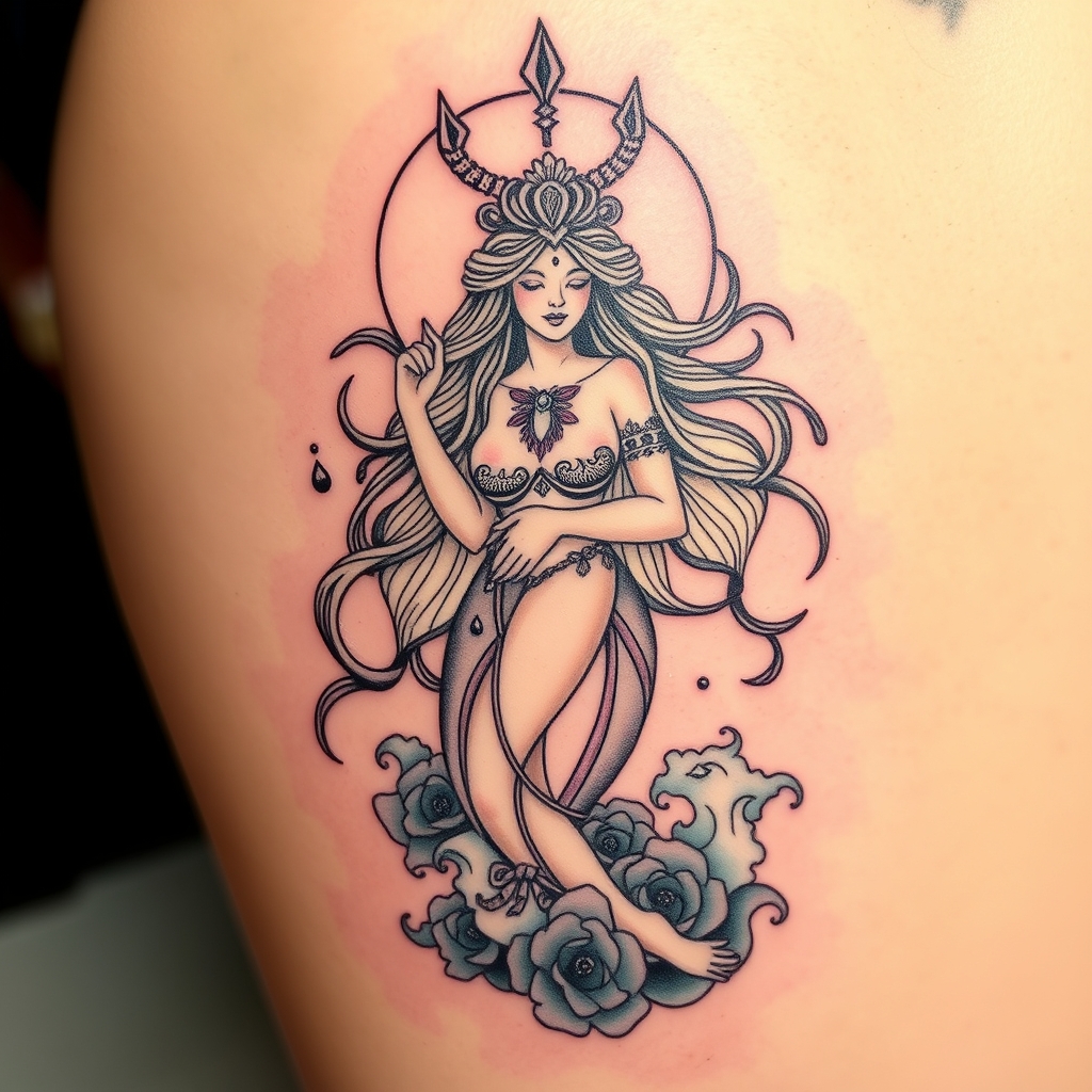 A tattoo design of Water goddess in the style of traditional. - mythology tattoo design generated by AI tattoo generator