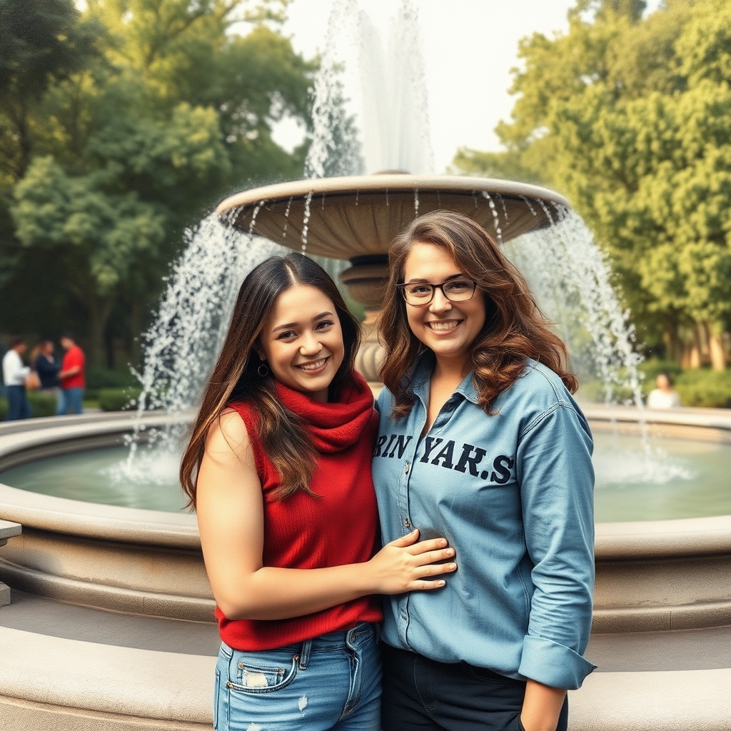 A tattoo design of my wife and me when we first met taking a picture in front of a fountain in the style of realistic. - couples portrait tattoo design generated by AI tattoo generator