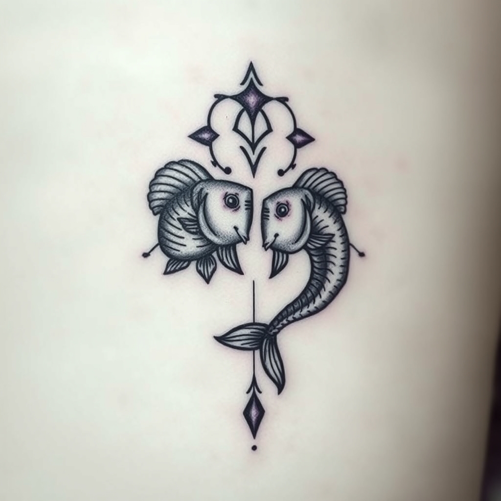 A tattoo design of ♋ Pisces compatibility in the style of surrealistic. - zodiac sign tattoo design generated by AI tattoo generator