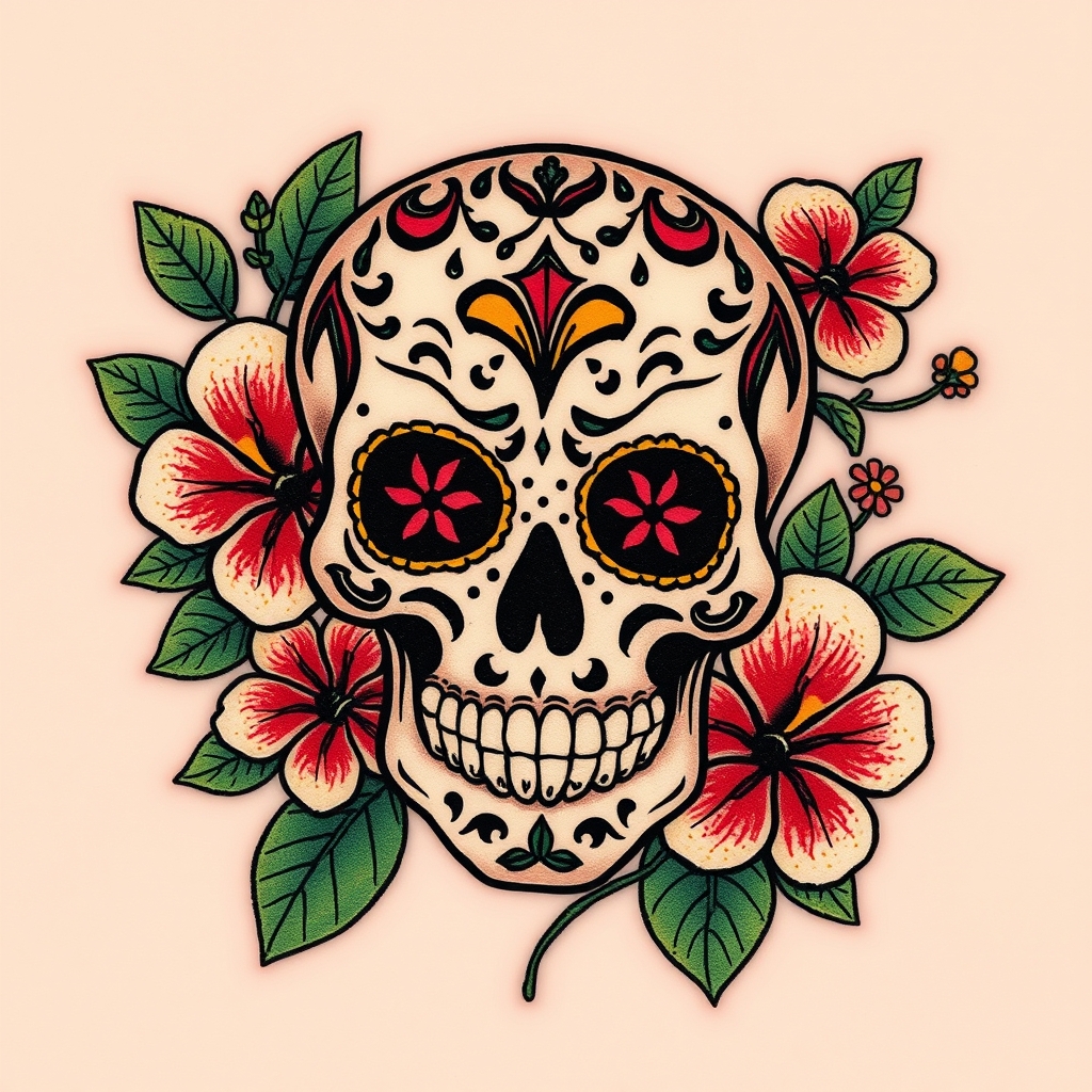 A tattoo design of Sugar Skullsurrounded by small multicolor hibiscus flowers in the style of japanese. - sugar skull tattoo design generated by AI tattoo generator