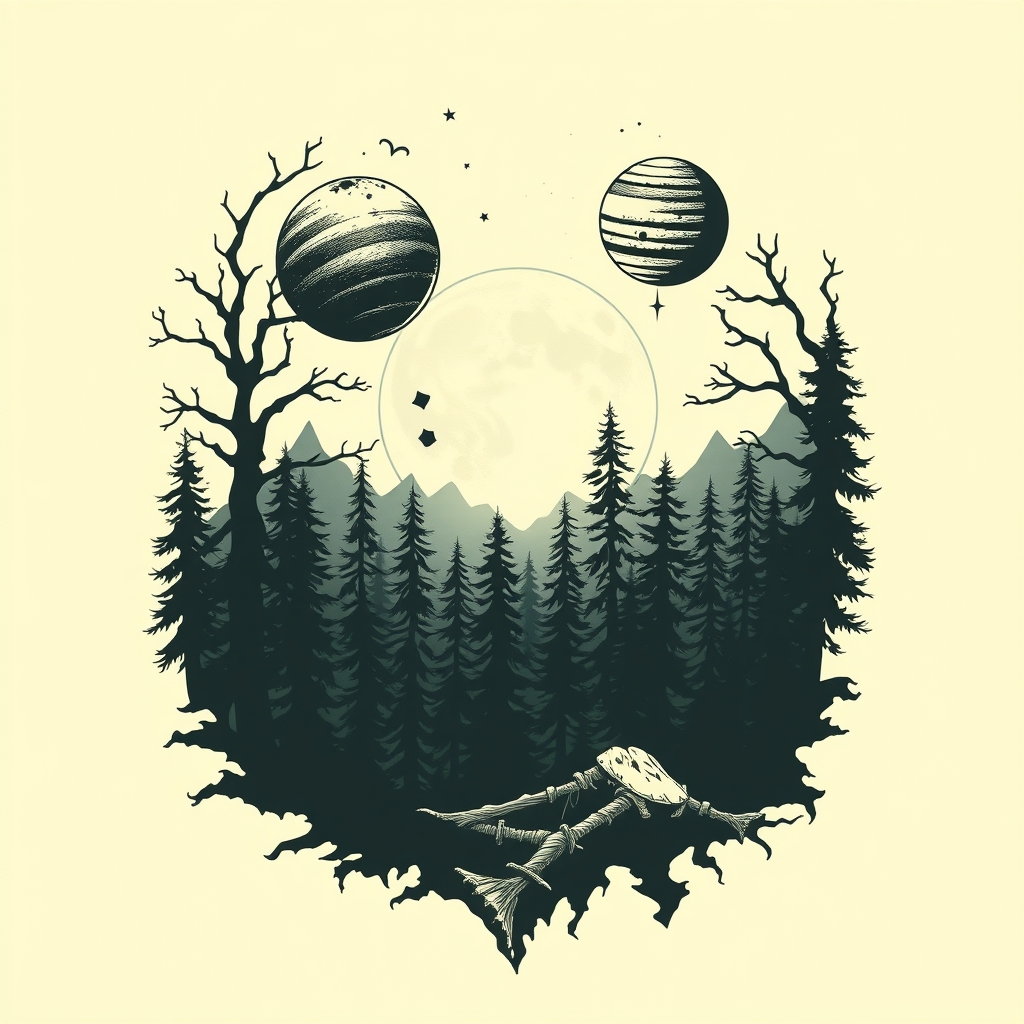 A tattoo design of Scary Forest and planets in the style of realistic. - space landscape tattoo design generated by AI tattoo generator