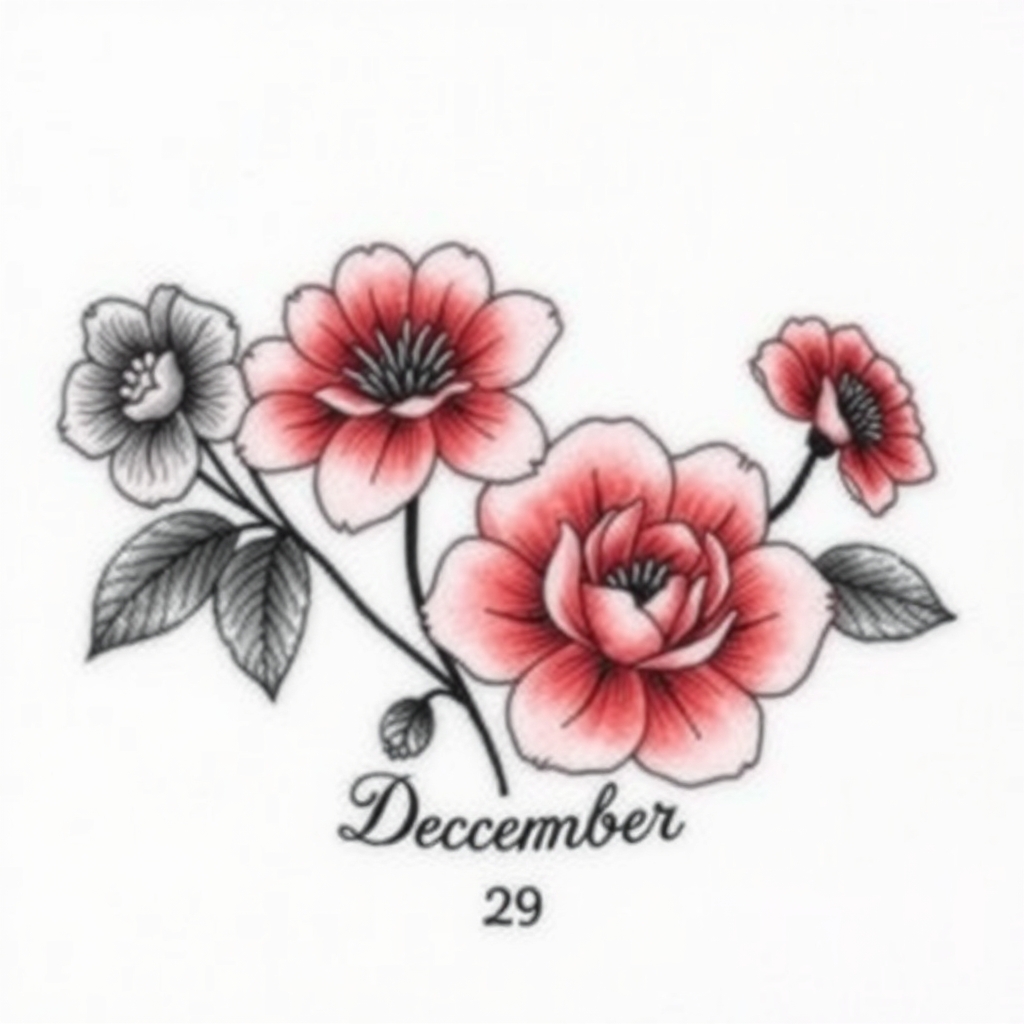 A tattoo design of February August an December birth flowers  in the style of realistic. - birth flowers tattoo design generated by AI tattoo generator