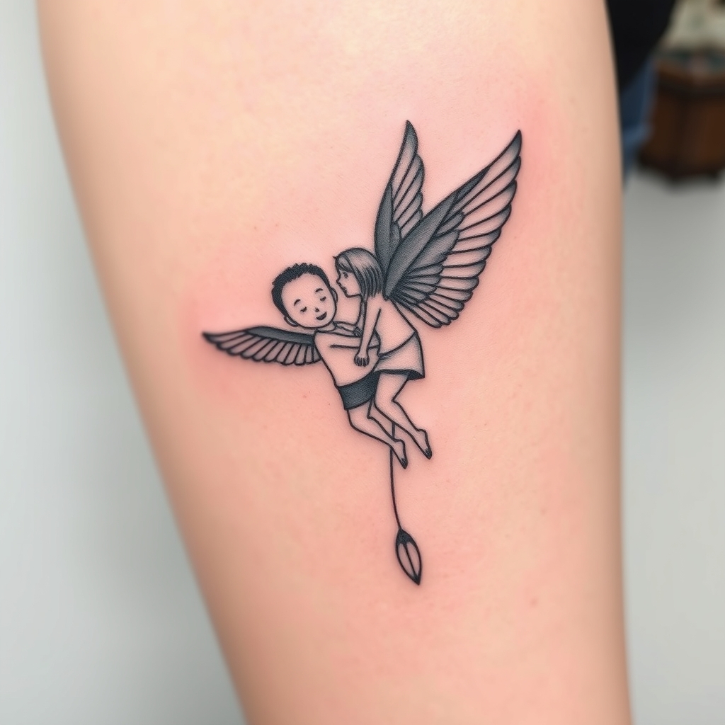 A tattoo design of mom of 2 boys grown and flown in the style of minimalist. - family tattoo design generated by AI tattoo generator