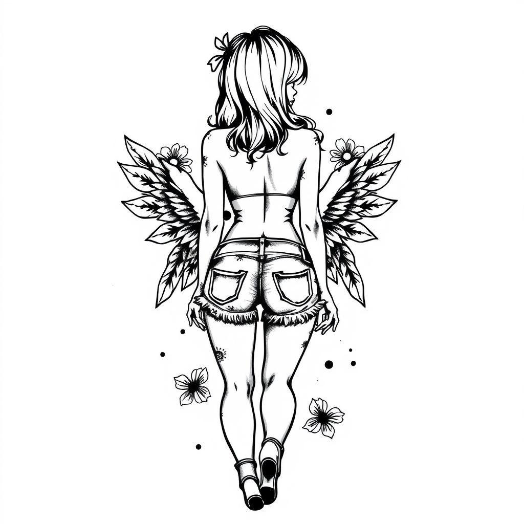 A tattoo design of chiky shorts back girl vintage tattoo on white background in the style of blackwork. - girl back tattoo design generated by AI tattoo generator