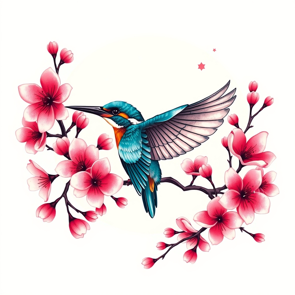 A tattoo design of Kingfisher in flight surrounded by cherry blossoms in colour in the style of minimalist. - birds in nature tattoo design generated by AI tattoo generator