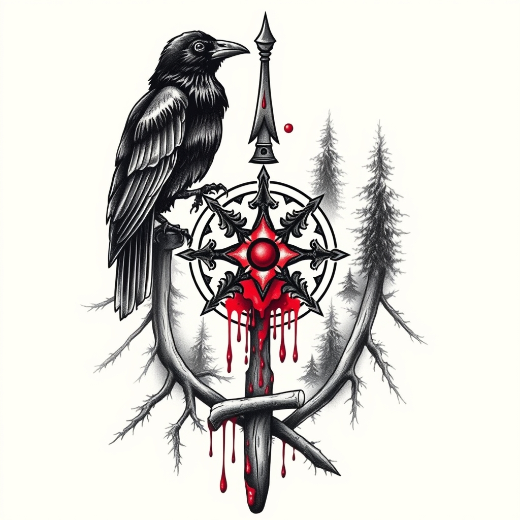 A tattoo design of Valkyrie symbol covered in forest, on top on the symbol there should be blood that goes down to the bottom of the stave in style of trashpolka watched by 2 black ravens in the style of traditional. - mythological symbol tattoo design generated by AI tattoo generator