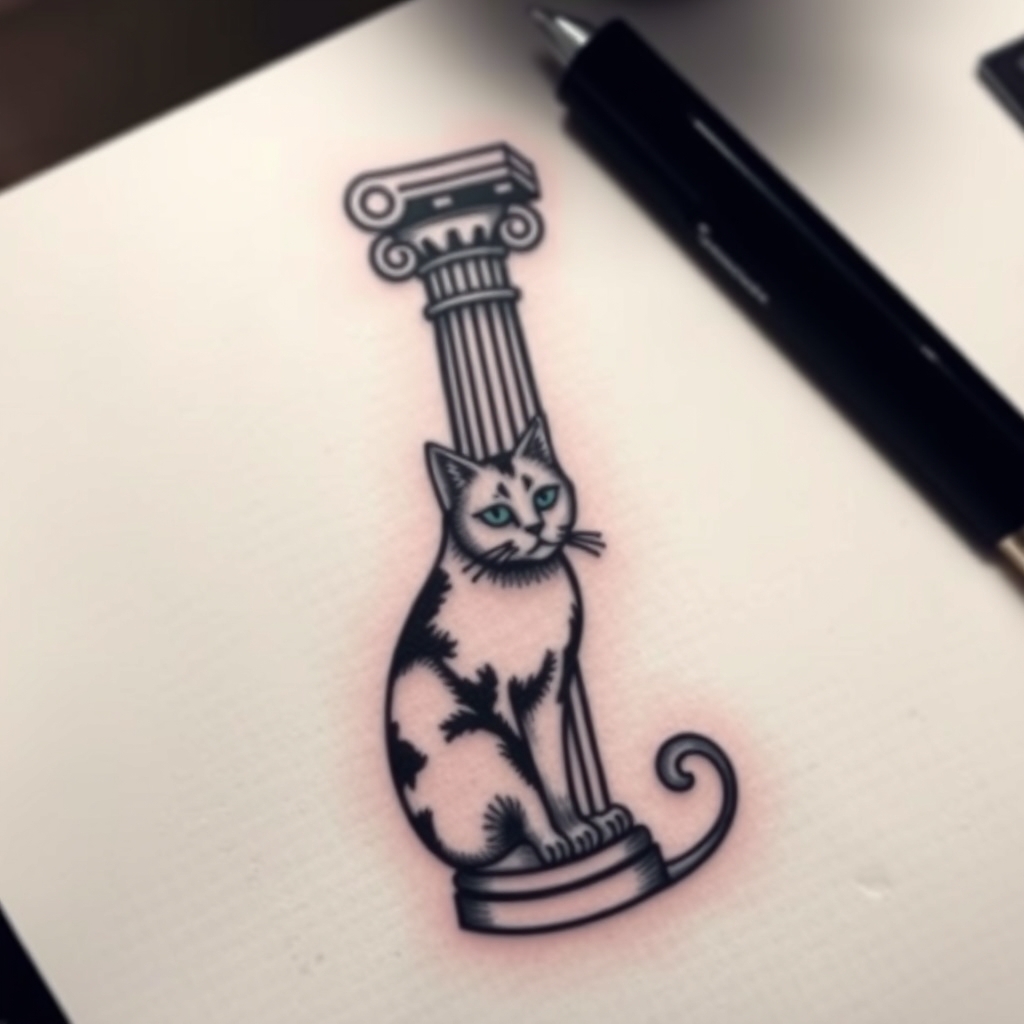 A tattoo design of Greek pillar with a cat in the style of traditional. - greek architecture tattoo design generated by AI tattoo generator