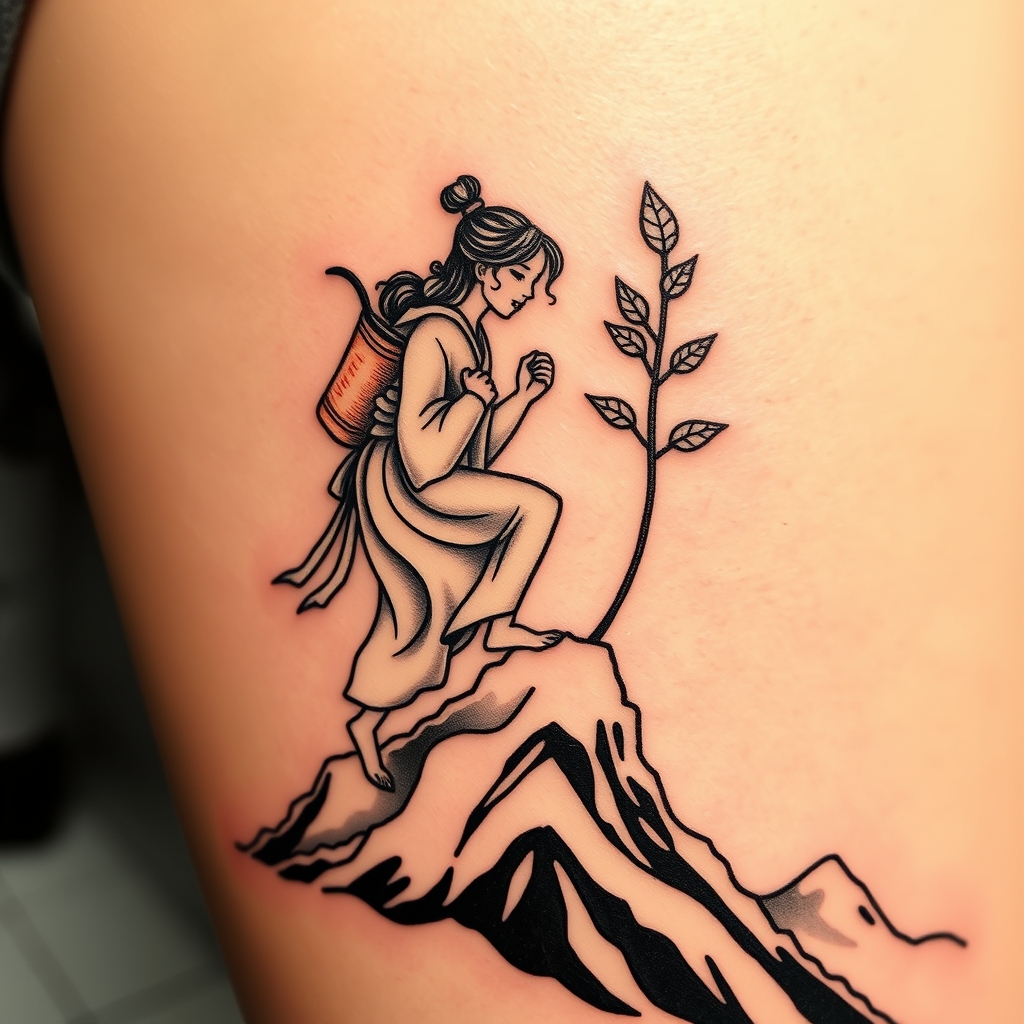 A tattoo design of Woman climbing a mountain carrying a sprouting seed in the style of japanese. - nature scene tattoo design generated by AI tattoo generator
