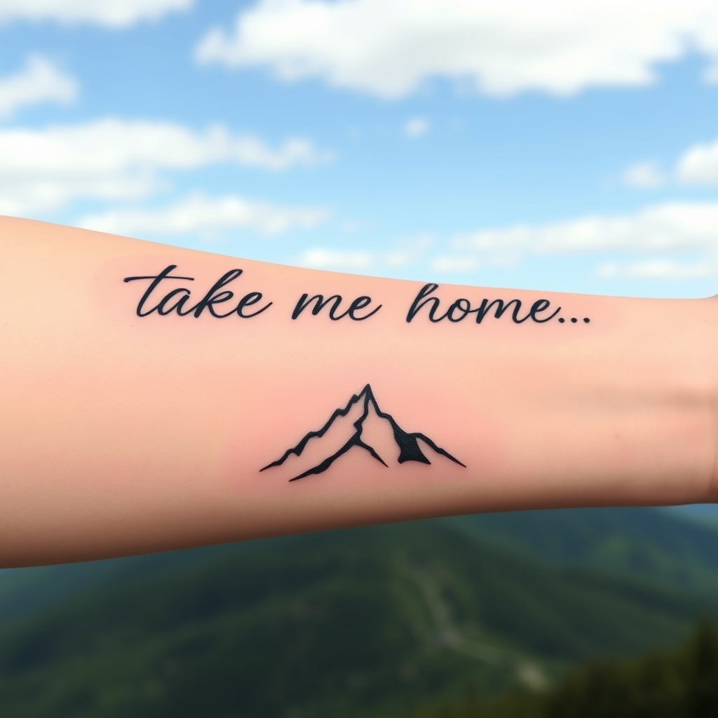 A tattoo design of Writing possibly on cursive: take me home...Mountain mama where mountain is not a word but a small peak of mountains possibly just an outline in the style of minimalist. - mountain landscape tattoo design generated by AI tattoo generator