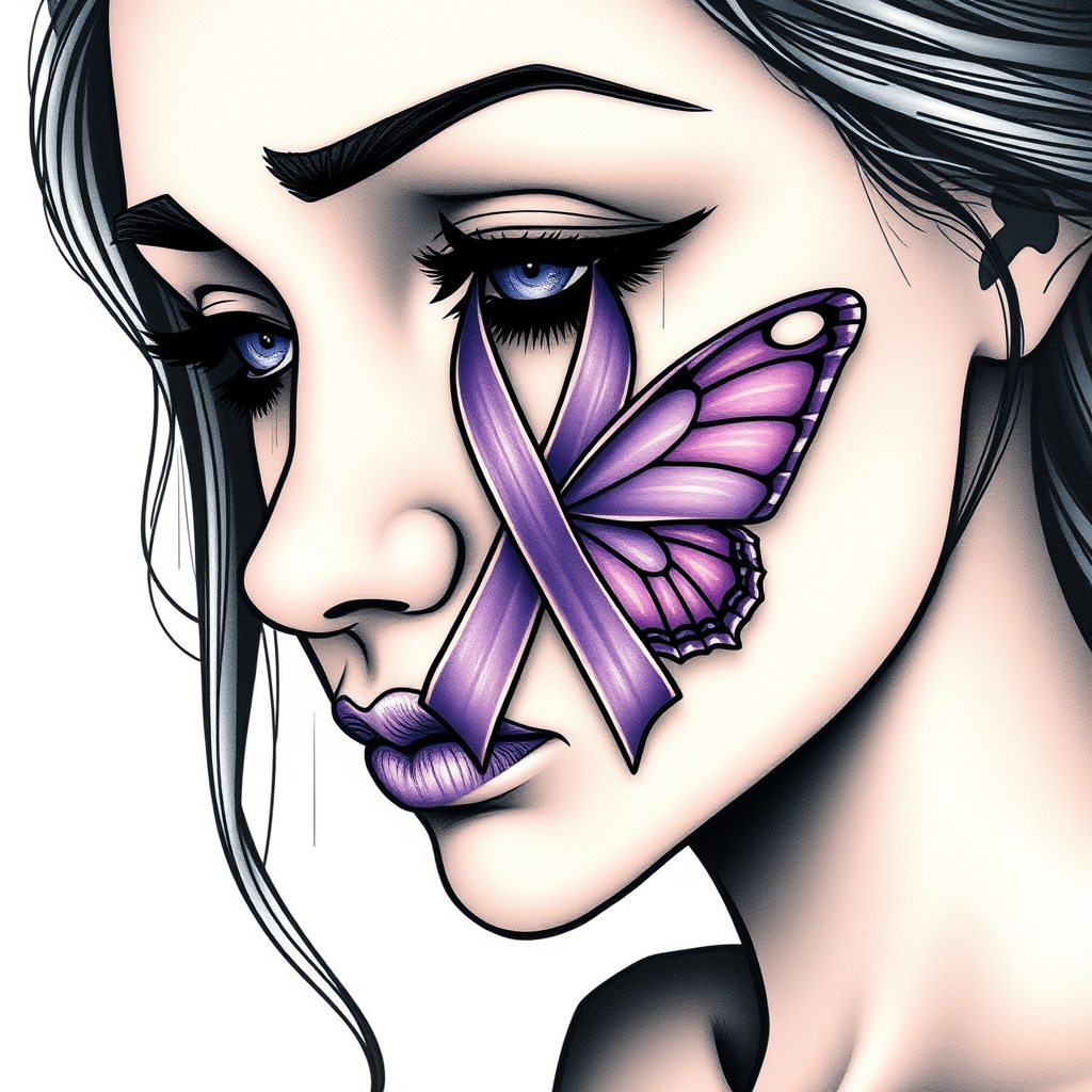 A tattoo design of A woman crying with the domestic awareness ribbon with a purple butterfly entwined together in the style of realistic. - ribbons and symbols tattoo design generated by AI tattoo generator