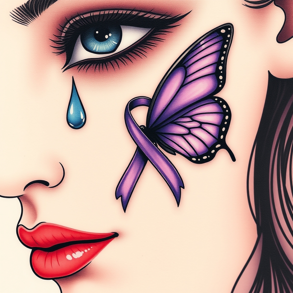 A tattoo design of A tear running down a woman's face with a domestic violence ribbon and a purple butterfly entwined together in the style of surrealistic. - domestic violence awareness tattoo design generated by AI tattoo generator