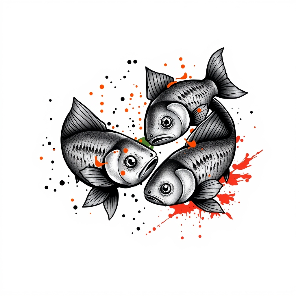 A tattoo design of 3 coy fish swimming around each other. Black and grey design. One with a splash of orange and one with a splash of red in the style of realistic. - fish tattoo design generated by AI tattoo generator