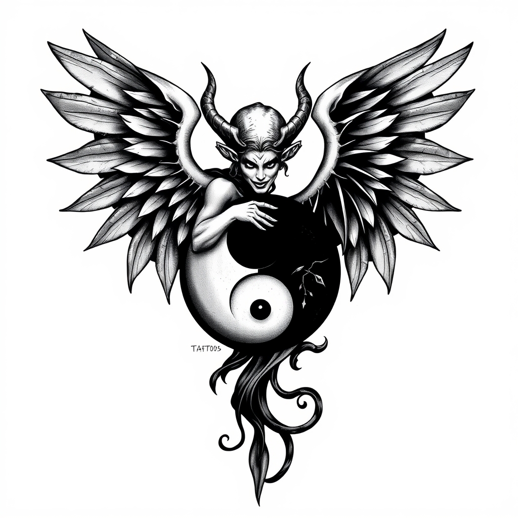 A tattoo design of Angel devil yin yang  in the style of realistic. - symbolic icons tattoo design generated by AI tattoo generator