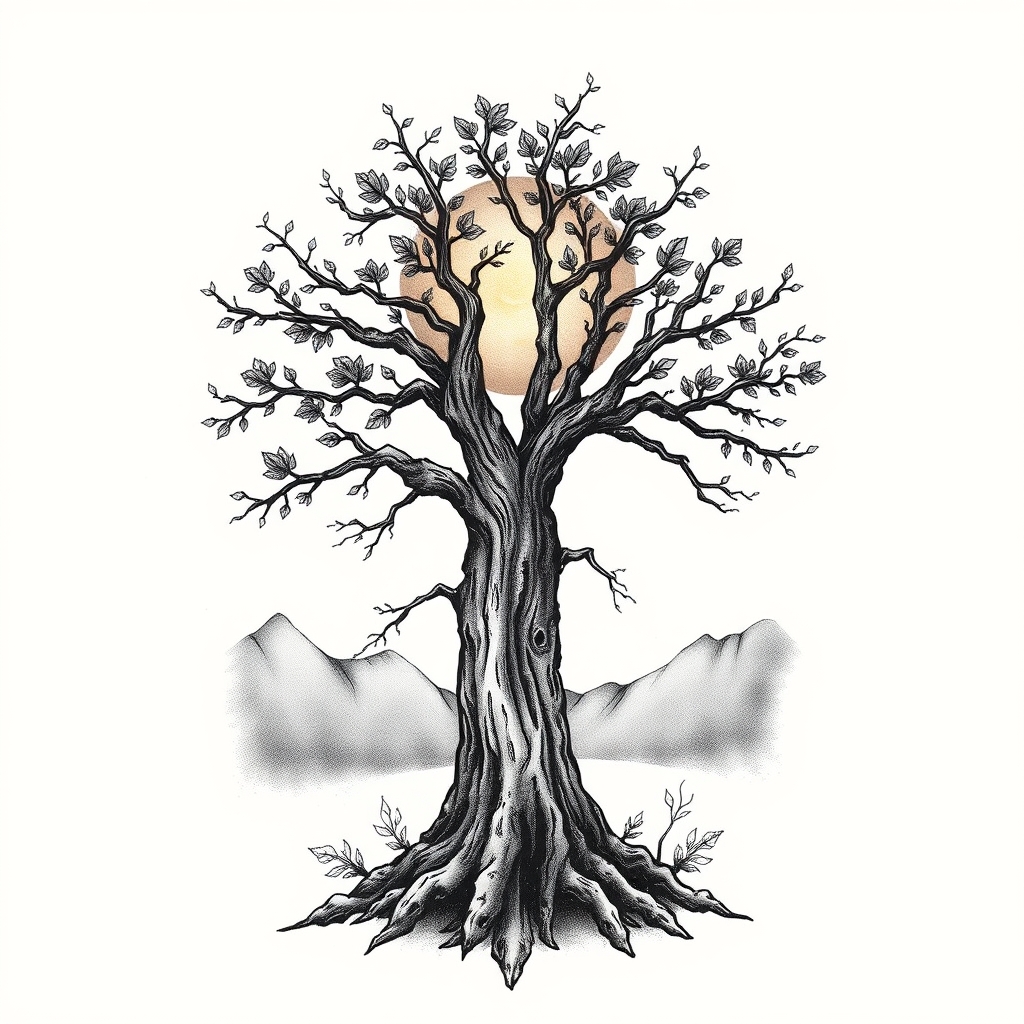 A tattoo design of Lebensbaum , Rabeschädel , Mond  in the style of realistic. - life tree skull moon tattoo design generated by AI tattoo generator