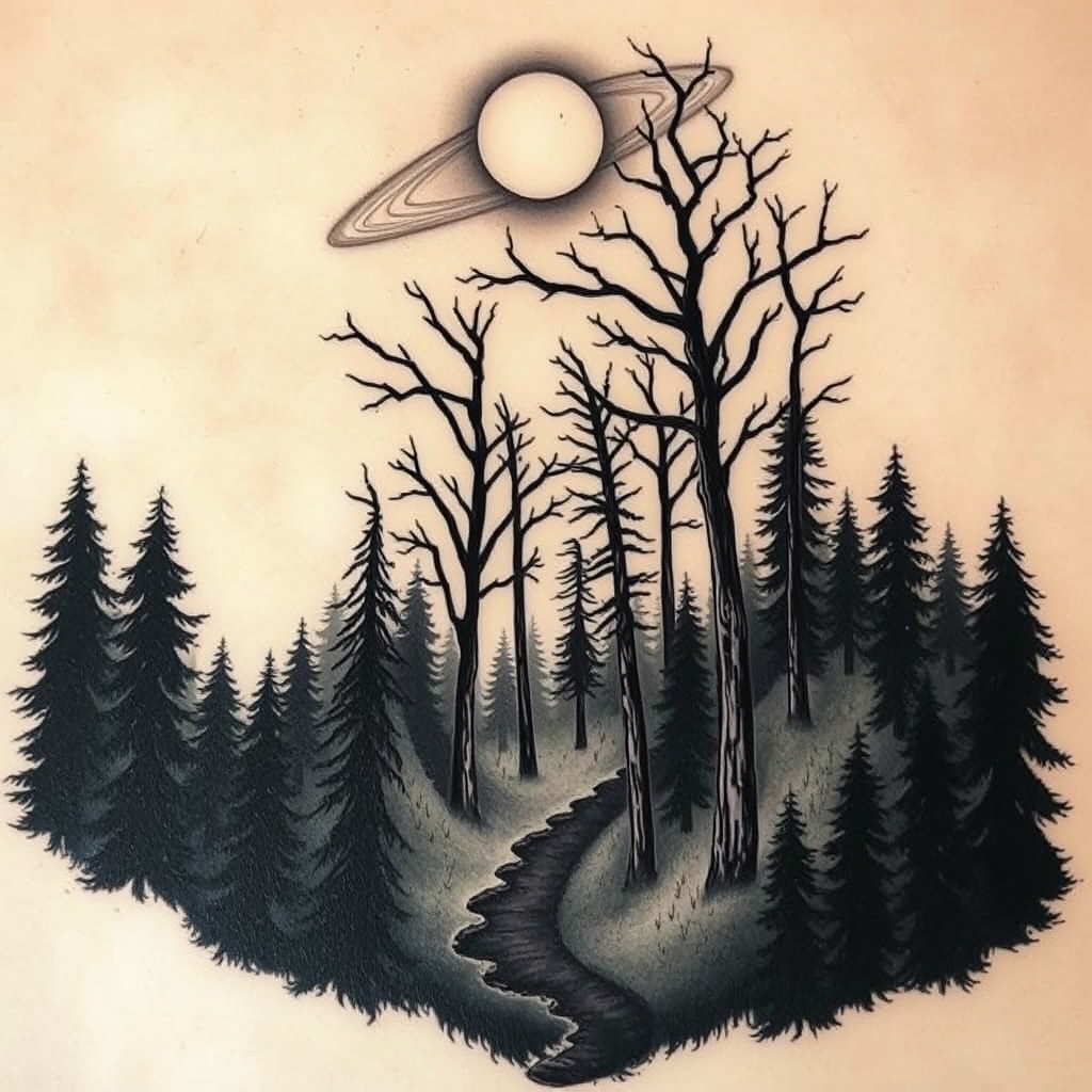 A tattoo design of Scary Forest and space in the style of realistic. - space fantasy tattoo design generated by AI tattoo generator