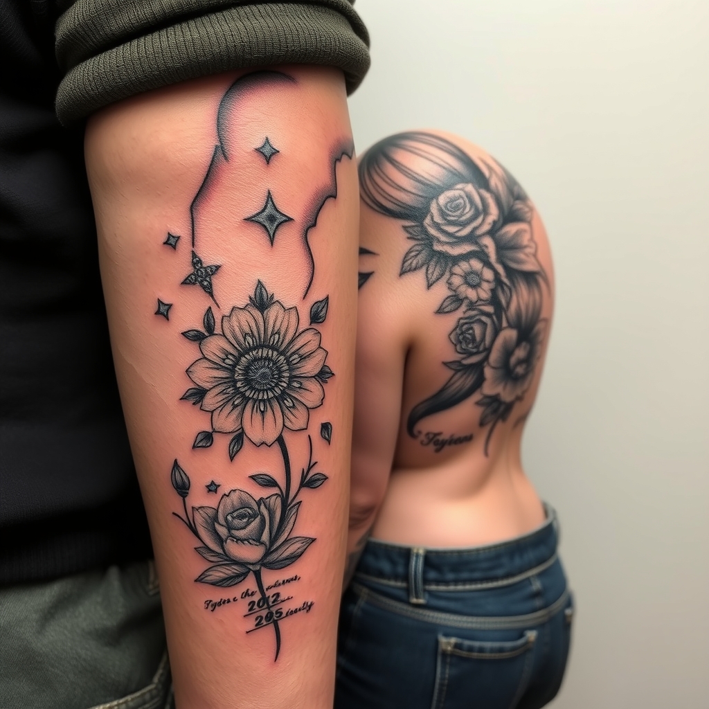 A tattoo design of Couple tattoo after 25 years in the style of realistic. - love relationship tattoo design generated by AI tattoo generator