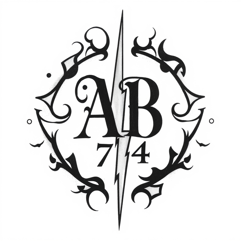 A tattoo design of Initials AB, year 74, lightning bolt in the style of abstract. - symbolic icon tattoo design generated by AI tattoo generator