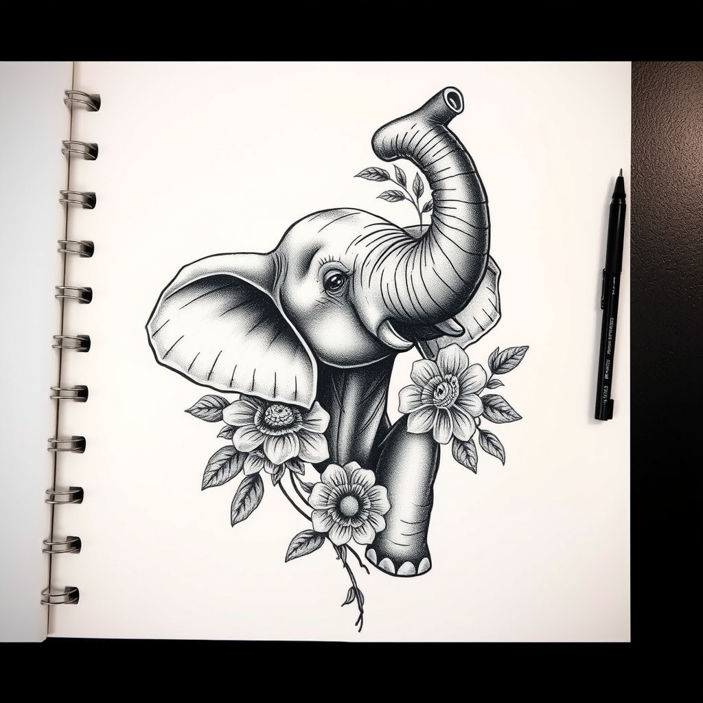 A tattoo design of elephant with trunk pointing up with flowers in the style of realistic. - animal tattoo design generated by AI tattoo generator
