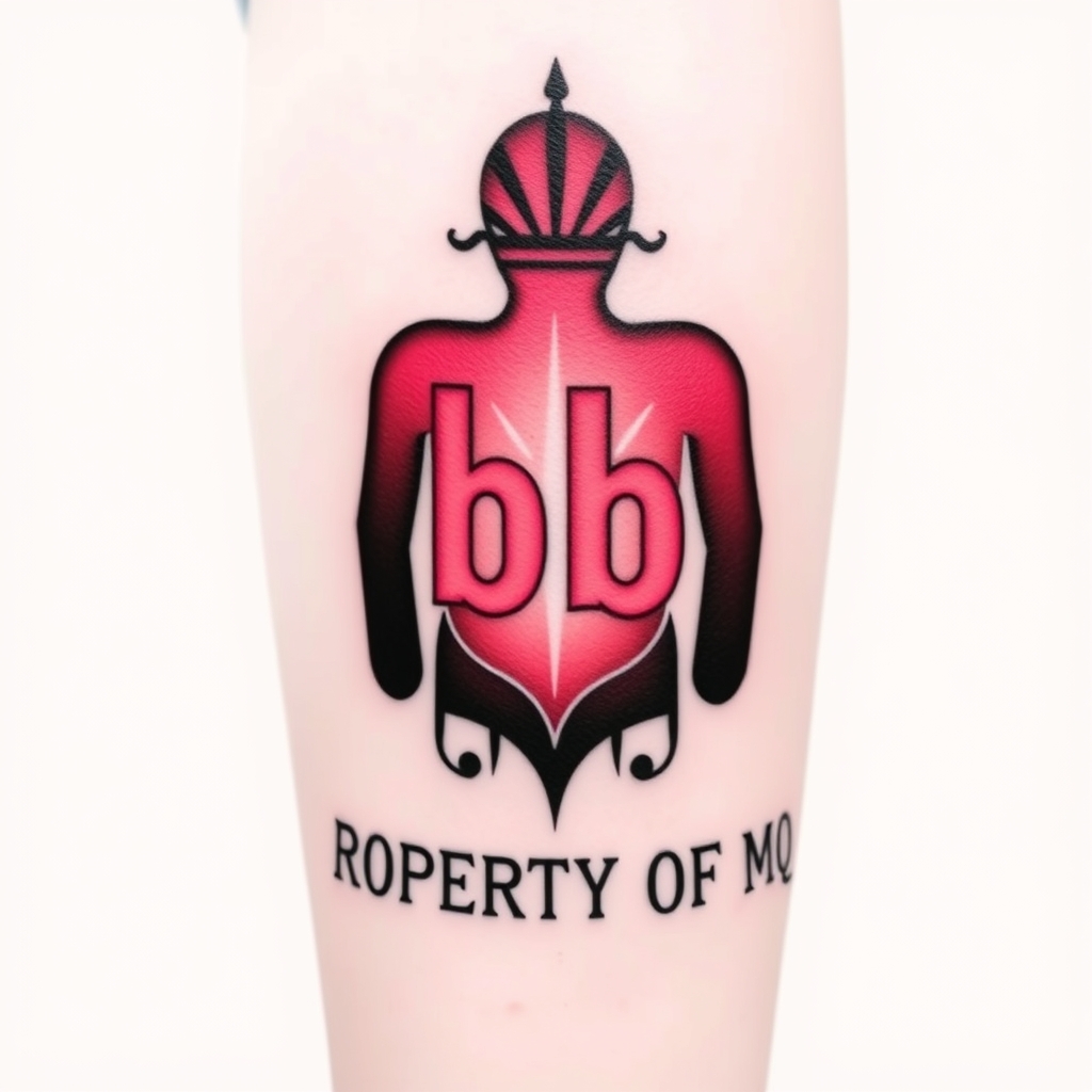A tattoo design of Has a symbol of being a  cuckold.  Black and pink are the colors. Name is bb.  Says PROPERTY OF MQ in the style of minimalist. - cuckold symbol tattoo design generated by AI tattoo generator