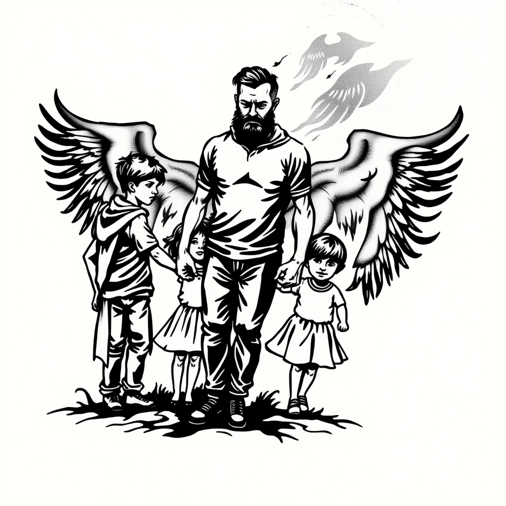 A tattoo design of A father protecting his 3 kids in the style of blackwork. - family protection tattoo design generated by AI tattoo generator