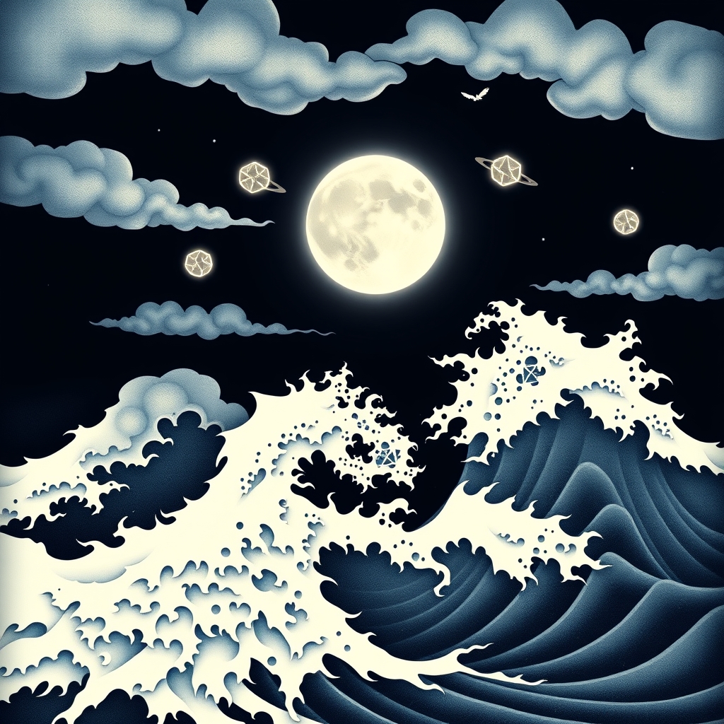 A tattoo design of Elegant Japanese style ocean waves, meets mc escher in a night scene with the white glowing, with geometric glowing hexagram shaped planets in the sky moon , halfway full, the pale light splashing on the clouds that swirl mimicking the waves and the waves mimic the steady wind in the style of surrealistic. - ocean waves tattoo design generated by AI tattoo generator