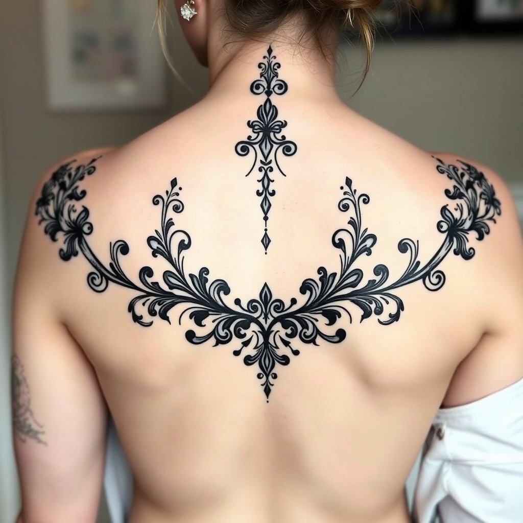 A tattoo design of Decorative back tattoo, going from the outer tips of the shoulders down the middle of the spine. Style should be like ornamental borders from art nouveau paintings in the style of blackwork. - art nouveau design tattoo design generated by AI tattoo generator