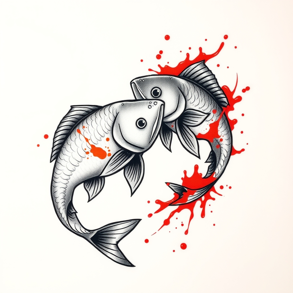 A tattoo design of 2 coy fish swimming around each other. Black and grey design. One with a splash of orange and one with a splash of red in the style of realistic. - fish tattoo design generated by AI tattoo generator