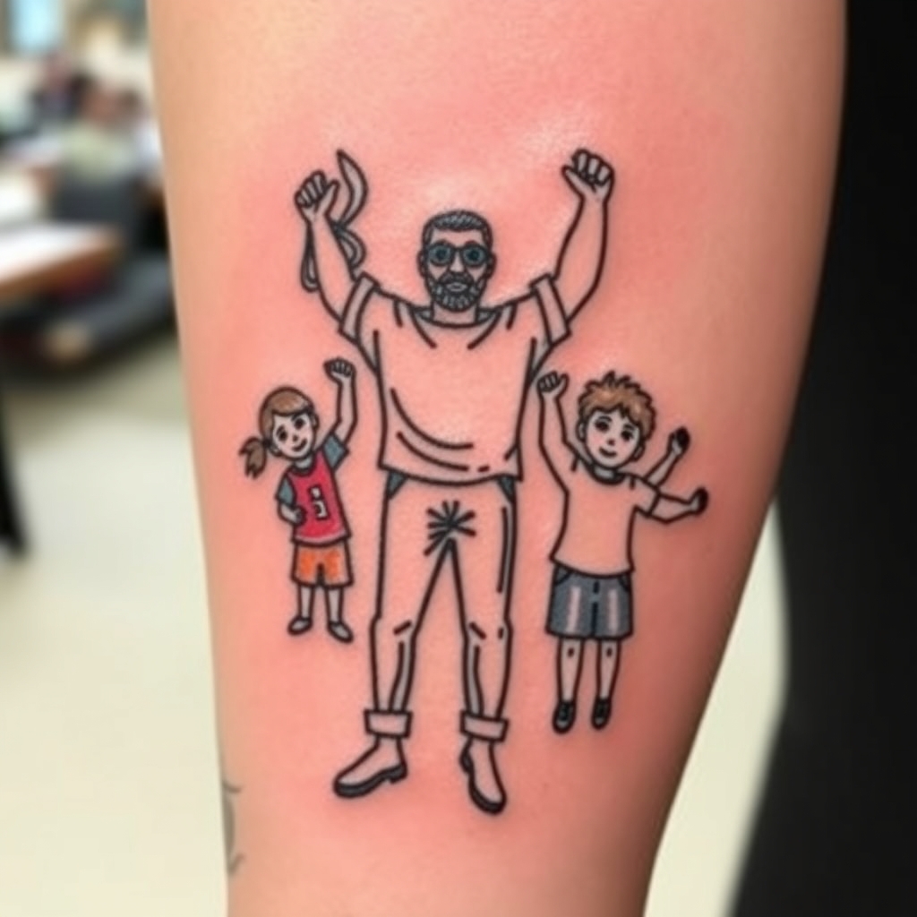 A tattoo design of A father lifting his 3 kids showing their birthdays in the style of traditional. - family portrait tattoo design generated by AI tattoo generator