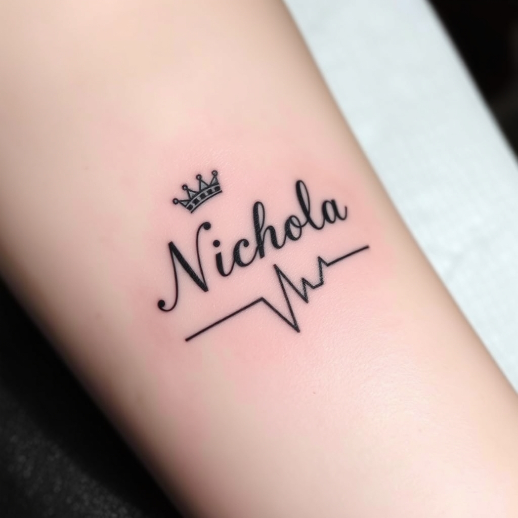 A tattoo design of Nicola scritto in corsivo con una corona che precede il nome, ed infine attaccato al nome la linea del battito cardiaco in the style of minimalist. - heart rate tattoo design generated by AI tattoo generator