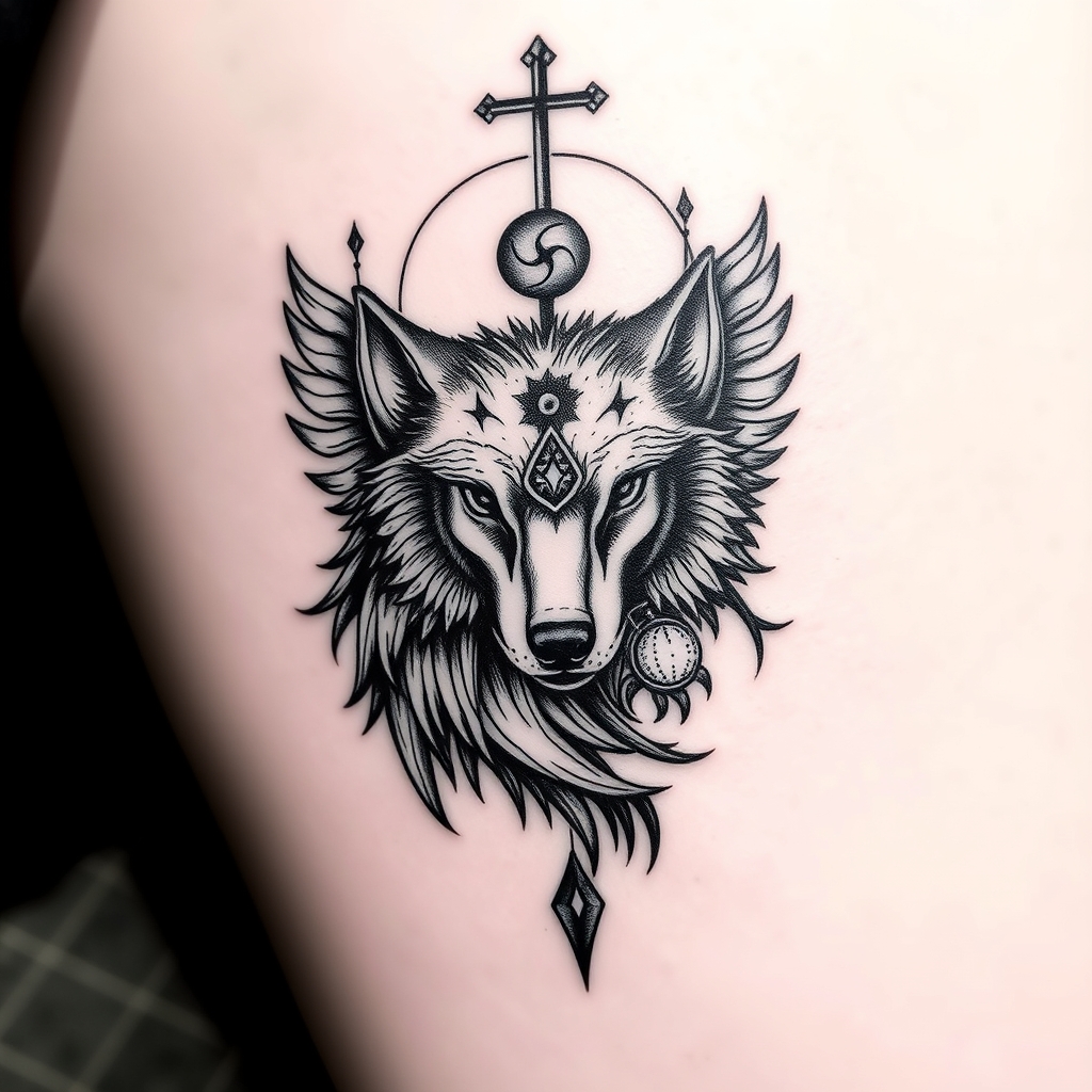 A tattoo design of Protected by God and Wolf in the style of blackwork. - spiritual animal tattoo design generated by AI tattoo generator