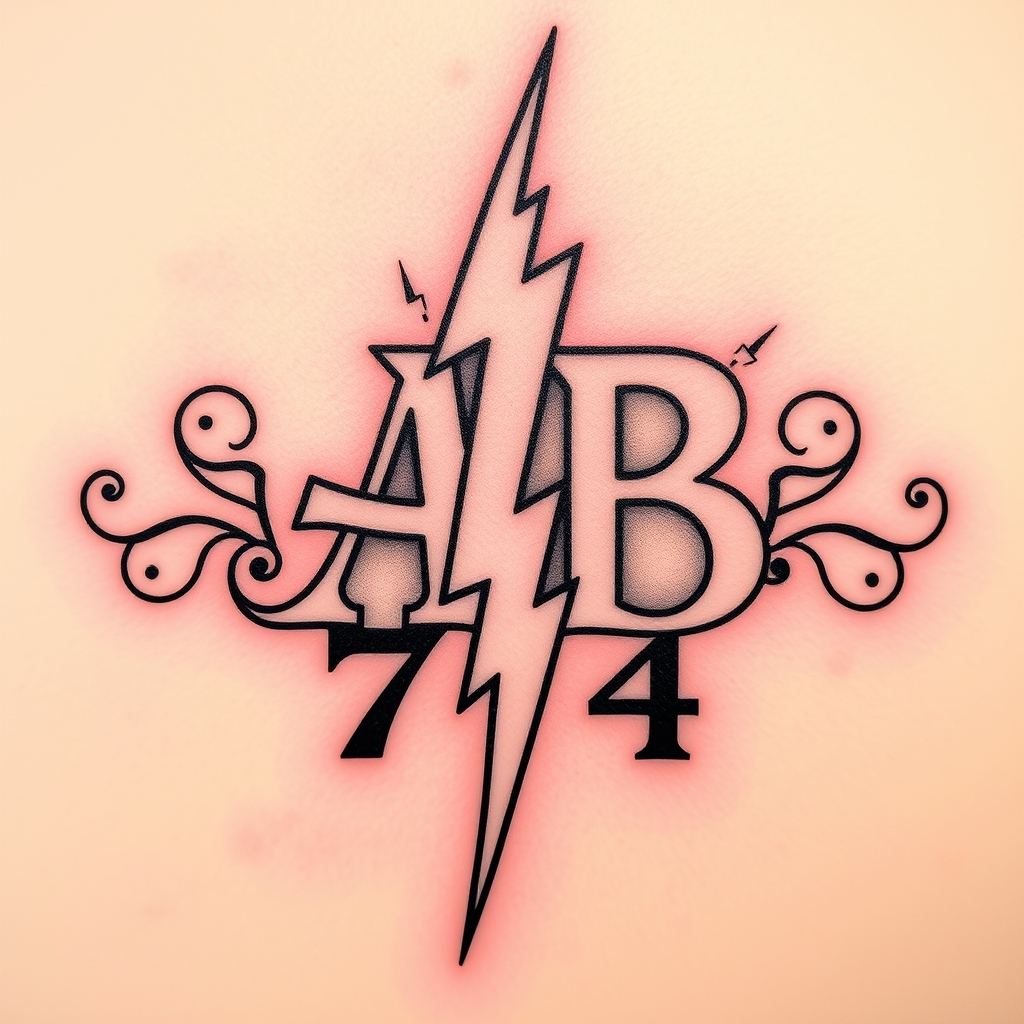 A tattoo design of Initials AB, year 74, lightning bolt in the style of realistic. - symbols tattoo design generated by AI tattoo generator