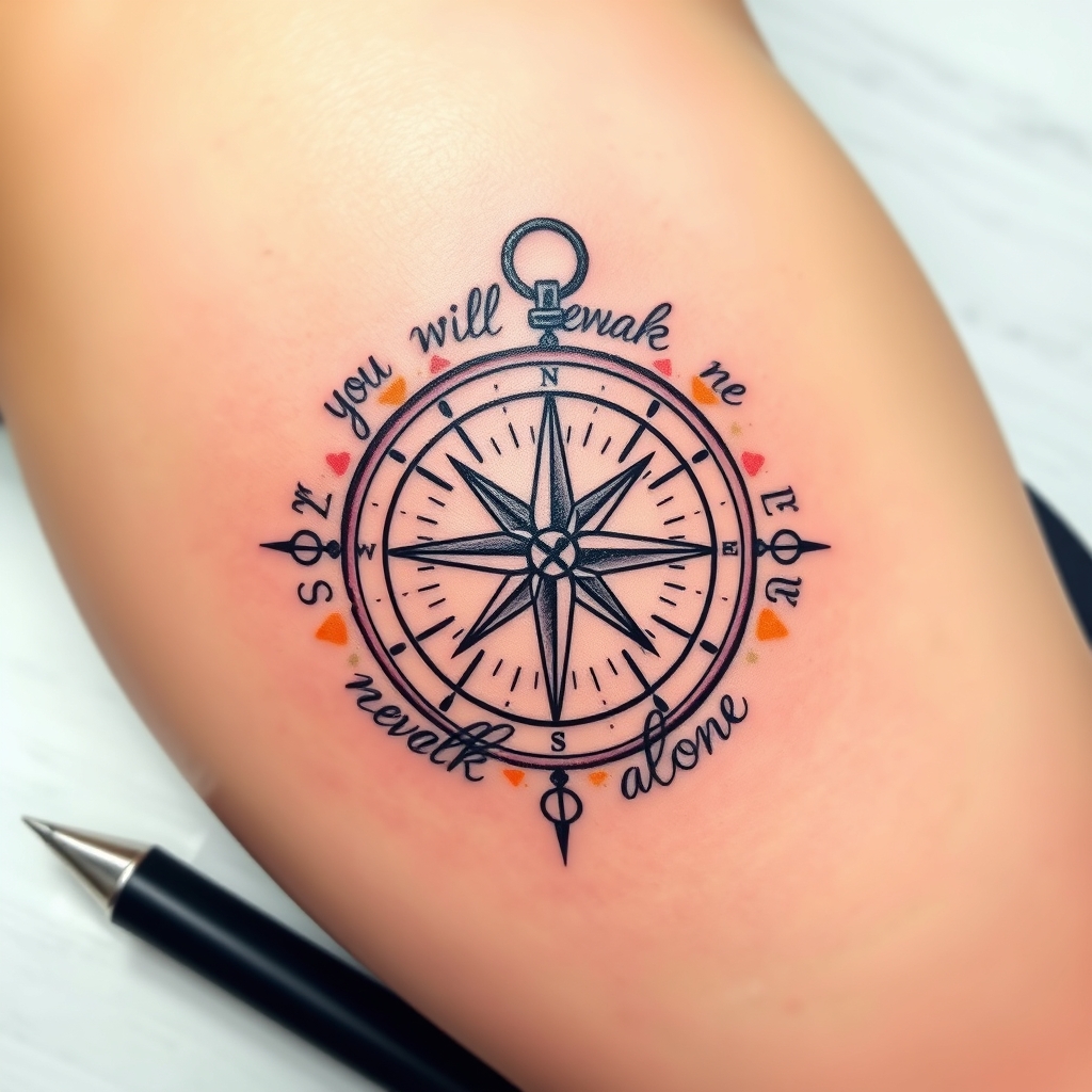 A tattoo design of Compass, with the phrase; you will never walk alone, ornamental in the style of watercolor. - nautical symbols tattoo design generated by AI tattoo generator