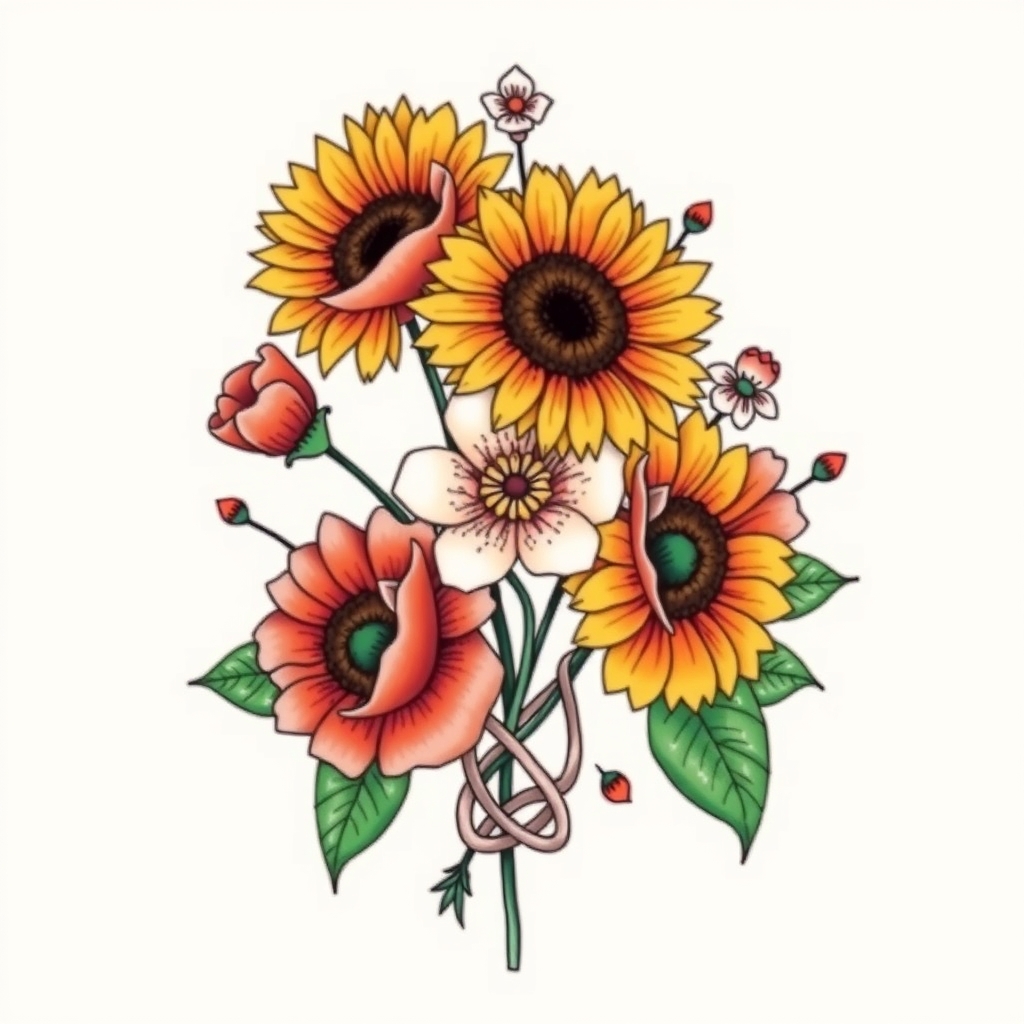 A tattoo design of Sunflowers,  poppies and forget me knots  in the style of abstract. - flowers tattoo design generated by AI tattoo generator